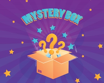 May include: A cardboard box with an open lid, featuring yellow question marks emerging from the top. The text MYSTERY BOX is displayed in blue letters above the box, set against a purple background with yellow and blue stars.