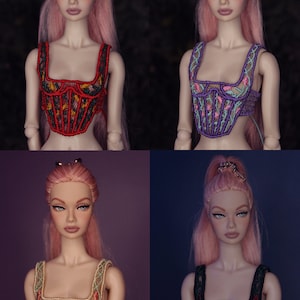 May include: Four different styles of embroidered tops with a lace design. The tops are in red, purple, beige, and black.