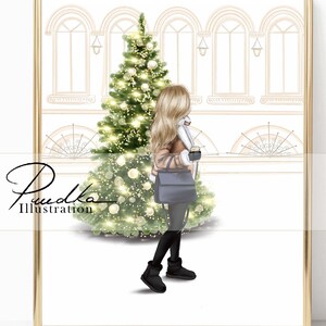 Coffee by Christmas tree ( Print from my own Illustration, Fashion Illustration, Design Girl Sketch Art, Poster, Home Wall Decor)