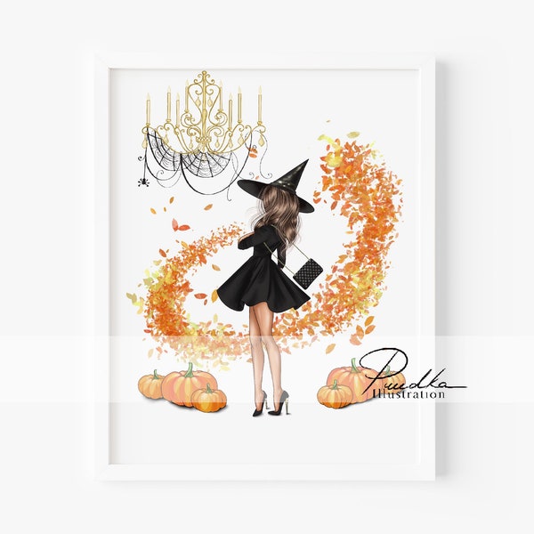 Halloween girl with Chandelier (Print from my own Illustration. Fashion Office Illustration, Design Print, Wall Art, Sketch, Glam Decor)