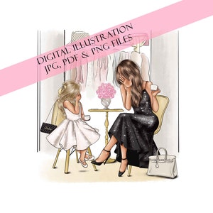Mom and Daughter Fashion Illustration: Office Design Print (Digital Files)