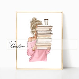 Books Lover (Print from my own Illustration. Fashion Illustration, Design Print, Wall Art, Poster, Sketch, Library, Reading, Coffee Love)