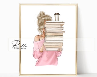 Books Lover (Print from my own Illustration. Fashion Illustration, Design Print, Wall Art, Poster, Sketch, Library, Reading, Coffee Love)