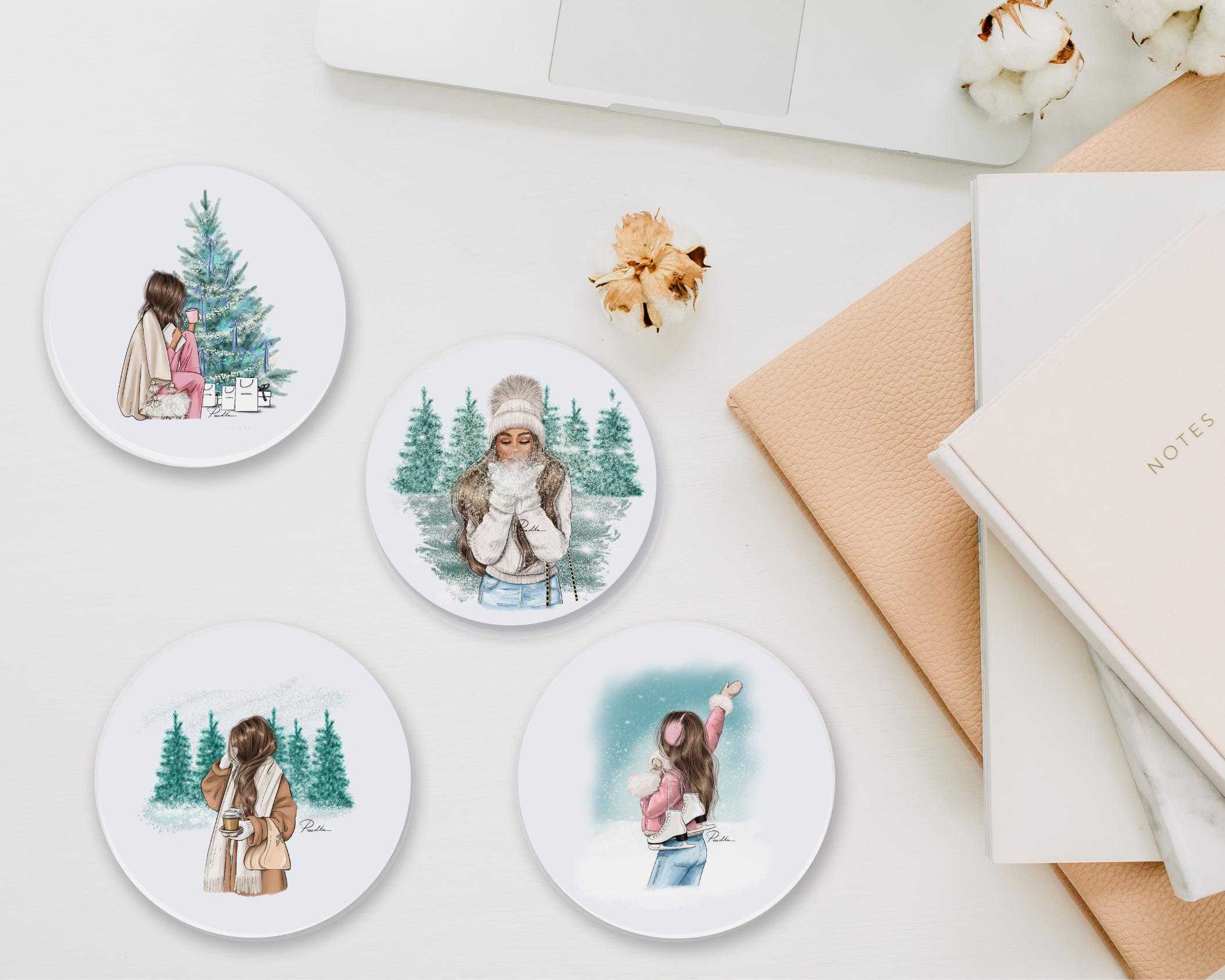 Set of 4 Coaster - Winter Wonderland (Glossy Hardboard Coaster, Christmas, my own fashion sketch)