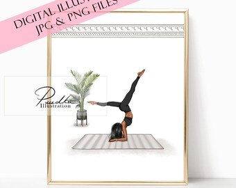 May include: Digital illustration of a woman in a black outfit performing a yoga pose on a gray and white striped mat. The woman has dark brown hair and is in a handstand position with her legs extended in the air. A potted plant is in the background.