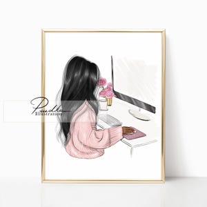 May include: A woman with long dark hair is sitting at a desk, using a computer. She is wearing a pink sweater and has pink flowers on the desk behind her.