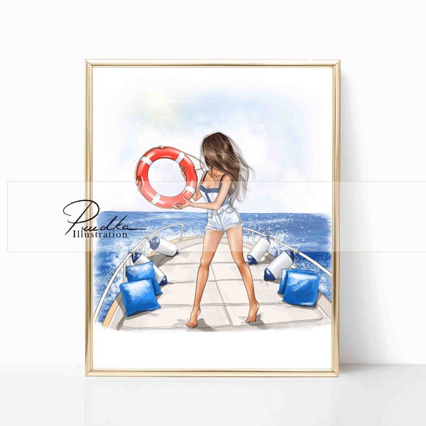 Marine Life (Print of my own Illustration. Fashion Illustration, Design Print, Wall Art, Poster. Girl with Ring Buoy)