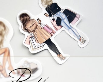 May include: Two women in stylish outfits are walking with shopping bags and coffee cups. One woman is wearing a black top, blue jeans, and white heels. The other woman is wearing a beige trench coat, black leggings, and brown heels. Both women are carrying shopping bags and coffee cups.