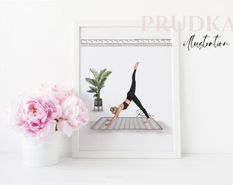 May include: A white framed print of a woman doing a downward-facing dog yoga pose on a gray yoga mat. The print is on a white background with a small potted plant in the corner.