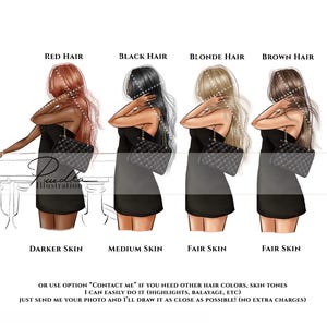 May include: Illustration of four women with different hair colors and skin tones, each wearing a black dress and carrying a quilted handbag. Text at the top indicates hair colors: red, black, blonde, and brown. Text at the bottom says "Contact Me" for custom options.