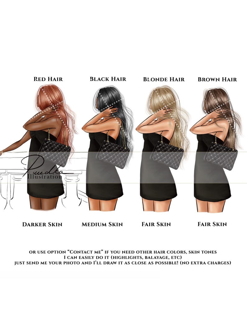 May include: Illustration of four women with different hair colors and skin tones, each wearing a black dress and carrying a quilted handbag. Text at the top indicates hair colors: red, black, blonde, and brown. Text at the bottom says "Contact Me" for custom options.