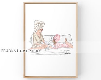 Mother and Daughter Print: Fashion Illustration, Spa Day Art