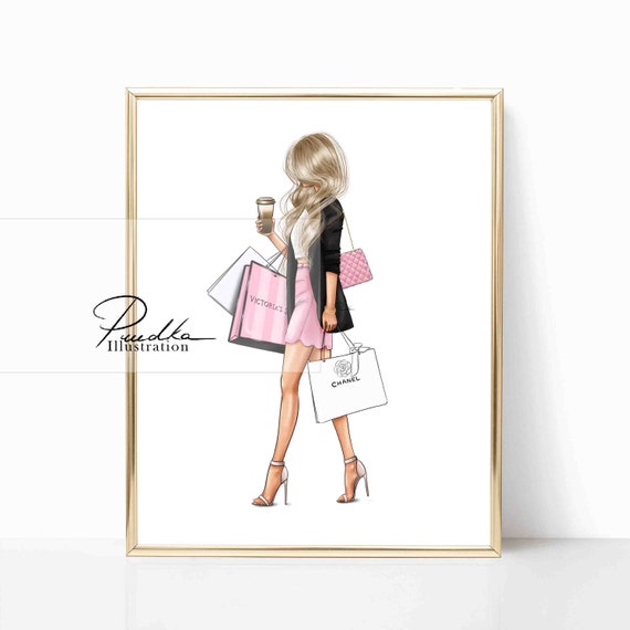 Shopping Girl With Bags and Coffee. Print of My Illustration. 