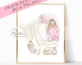 Rose Room Selfie Illustration: Fashion Girl Glam Decor (Digital Files)