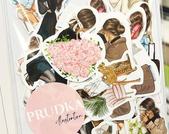 May include: A set of colorful stickers featuring illustrations of women in various poses and outfits. The stickers are on a white background and include a logo for "PRUDKA illustration".