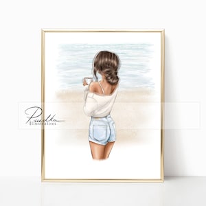 Coffee by the Ocean Print: Fashion Illustration Art Poster