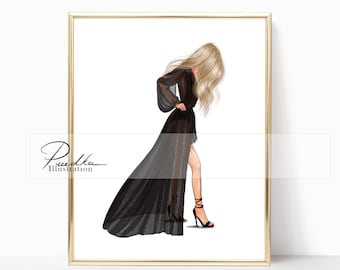 Fashion Illustration Print: Woman in Black Dress Sketch