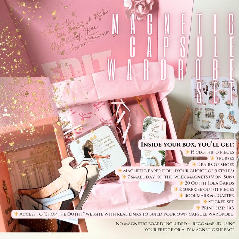 May include: A pink box with the text "Magnetic Capsule Wardrobe Set" on the lid. The box is open and contains a variety of items, including a magnetic paper doll, outfit idea cards, and stickers. The text "Inside your box, you'll get:" is visible on the right side of the image.