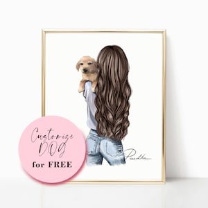 Puppy and hair girl back in jeans fashion sketch. Print from my Illustration. Fashion Dog Illustration, Sketch. Customize  personalize dog