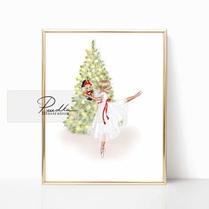 May include: A ballerina in a white tutu and red ribbon dances in front of a decorated Christmas tree. A nutcracker doll stands next to the tree.