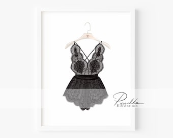 Black lace bodysuit on hanger.   (Print from my own Illustration. Fashion  Sketch, Design Print, Wall Art Decor, Poster)