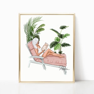 Vacation girl with towel on her head with palms. Print from my own Illustration. Fashion, Design Print, Wall Art, Poster, Sketch