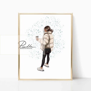 Winter Coffee Fashion Illustration Print: Girl in Puffer Coat