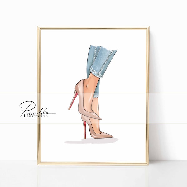 Beige pumps with high red heels and jeans. Print of my own Illustration. Fashion Illustration, Design Print, Wall Art, Poster, Sketch