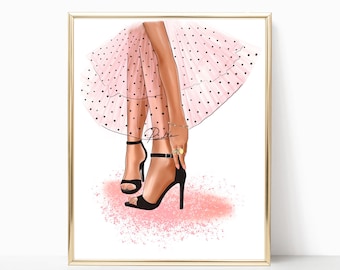 Fashion Illustration Print: Pink Polka Dot Chiffon Skirt Art