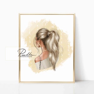 Fashion Sketch Print: Girl with Golden Hoops and High Ponytail, Wall Art Poster