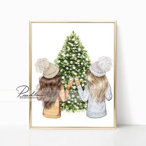 Friends by the Christmas tree. Two fashion girls. Print from my own Illustration. Design style Print, Wall Art, Poster