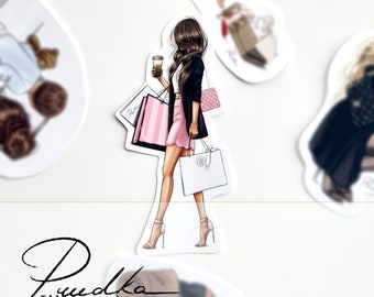 May include: A woman in a black jacket and pink skirt carries shopping bags and a cup of coffee. The bags are pink and white with a floral design. The woman is walking and her hair is long and brown.