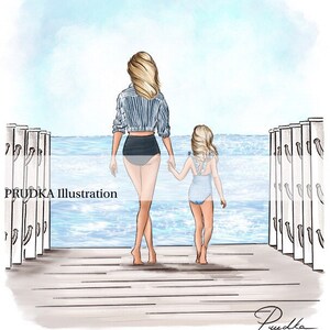 Mom and Daughter Ocean Print: Customizable Fashion Illustration