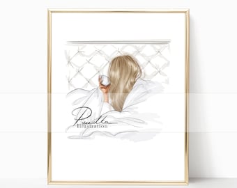Coffee in bed new (Print of my own Illustration. Fashion Friends Illustration, Design Print, Wall Art, Poster, Coffee, bed, morning)