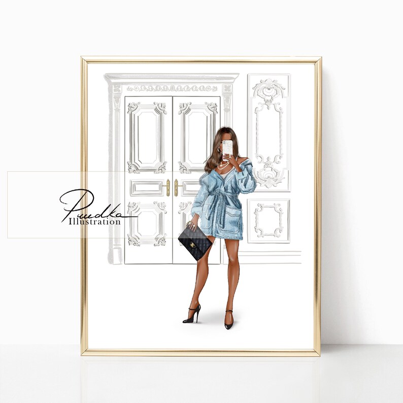 Selfie Girl in Jeans Dress and Black Purse print of My Own Illustration