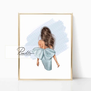 Blue Bow Dress Fashion Sketch Print: Sparkle Holiday Wall Art