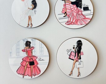 Pink Fashion Sketch Coaster Set: Glossy Hardboard, Set of 4
