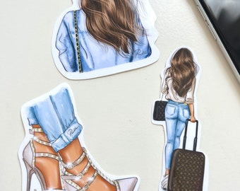 May include: Three illustrated stickers featuring a woman with long brown hair wearing a blue denim jacket and jeans. One sticker shows the woman from behind, another shows her walking with a suitcase, and the third shows her feet wearing white high-heeled shoes with gold accents.