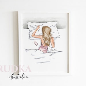 Fashion Illustration Print: Girl in Bed with Phone, Wall Art Poster