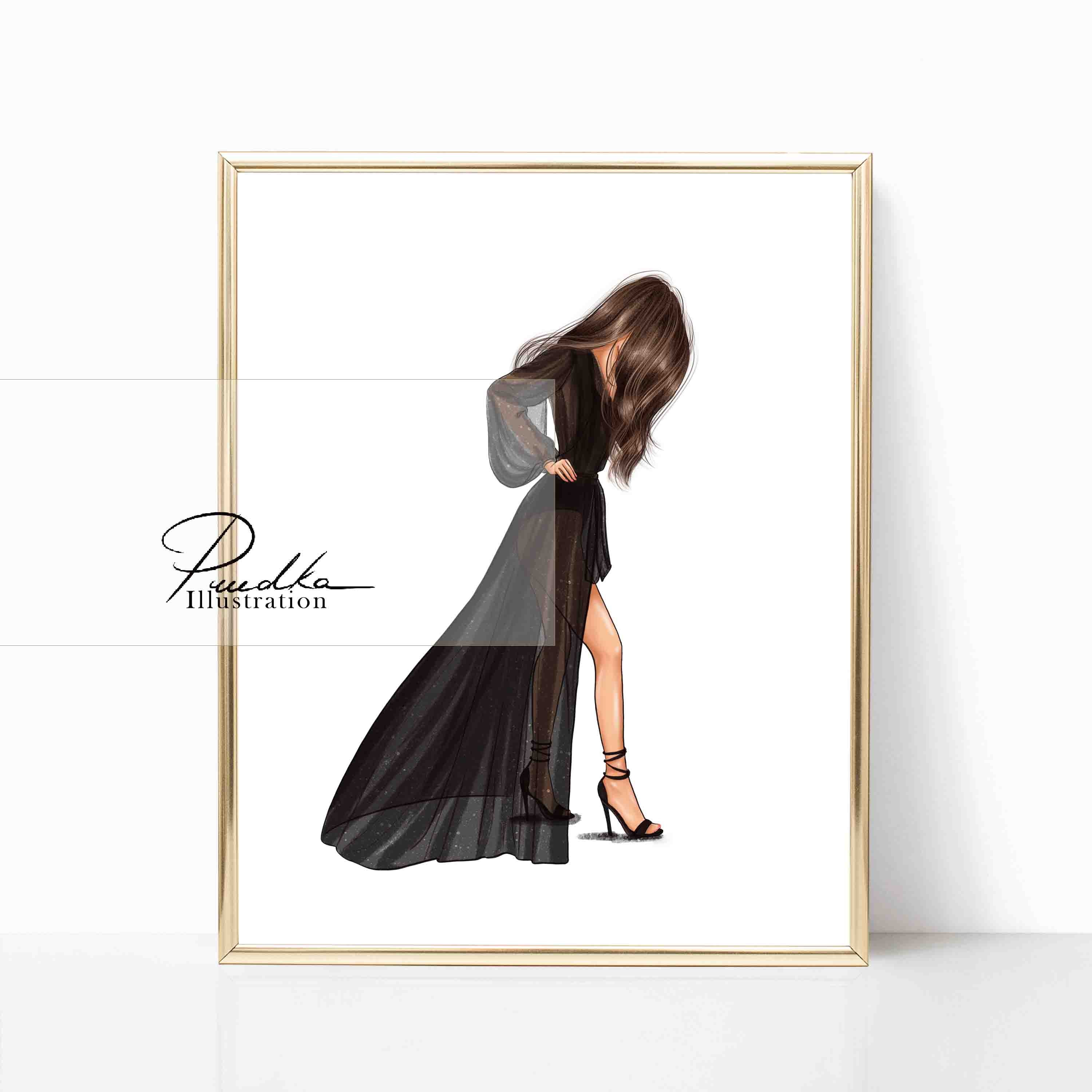 black dress fashion illustration Beautiful girl on elegance black dress fashion illustration