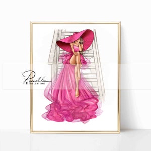Pink Dress Fashion Illustration Print: Girl in Hat Wall Art