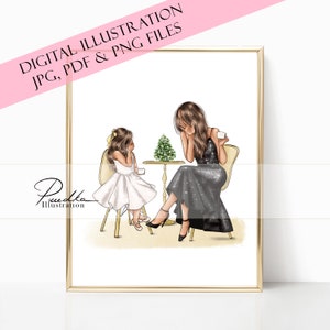 Mom and Daughter Christmas Illustration: Fashion Office Design (Digital Files)