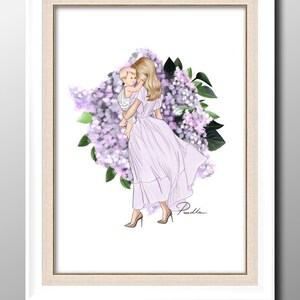 May include: Illustration of a mother holding a child, set against a backdrop of purple flowers. The mother is wearing a flowing lavender dress and heels. The artwork is framed in a white and beige frame.