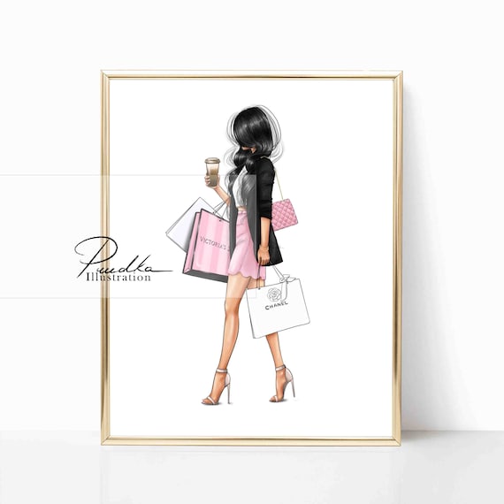 Shopping Girl With Bags and Coffee. Print of My Illustration. 