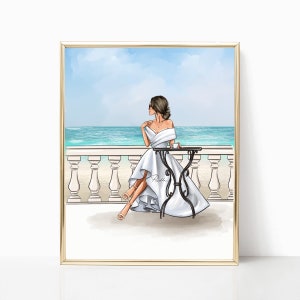 Coffee And Ocean. Girl Is Drinking Coffee In White Dress (Print from my own Illustration. Fashion Illustration, Design Print, Wall Art, Post