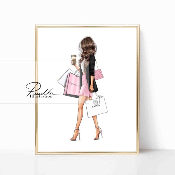 Shopping girl with bags and coffee.  Print of my Illustration. Fashion Illustration, Design Print, Art, Poster, Sketch