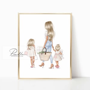 Shopping Mom Fashion Illustration Print: Two Daughters Art