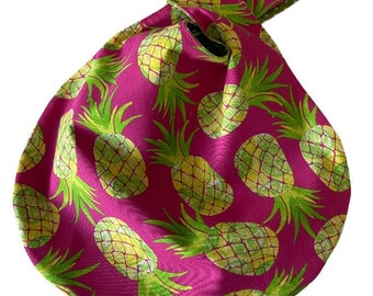 Pineapple Print Japanese Knot Bag,Cotton Print Bag,Knot Style Bag, Small Japanese Knot Bag, Wristlet, Small Bag,Handbag, Wrist Bag, Hobo Bag