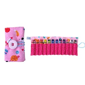 Outer Space Crayon Roll, Pink Outer Space Crayon Roll Up, Kids Crayon Holder, Crayon Caddy, Space, Spaceship, Gift for Kids