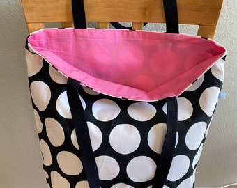Black and White Polka Dot Tote Bag, Beach Bag, Canvas Tote, Reusable Bag, Grocery Bag, Market Bag, Travel Tote Bag, Large Market Bag